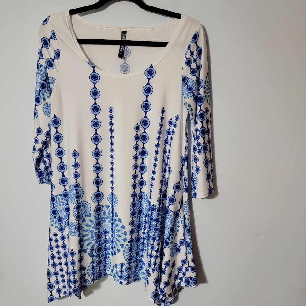 💚 White Mark Sz‎ Large Tunic Swing Blue And White Stretch W/Pockets